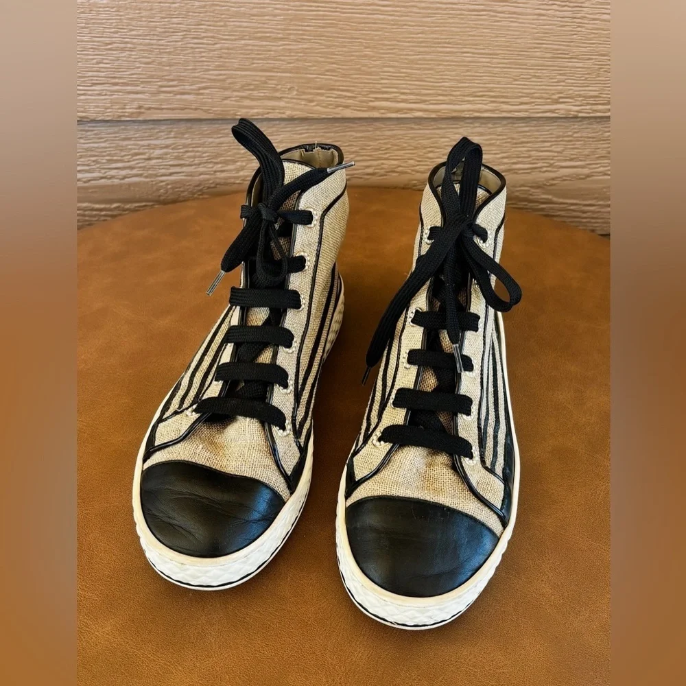 CHANEL Authentic Beige and Black High-Top Lace Up Canvas Sneakers Sz 37.5